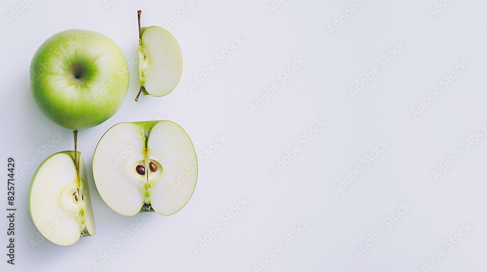 Poster Flat lay of Fresh green Apple fruit with cut in half and slice isolated on white background : Generative AI