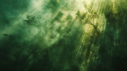 Fototapeta premium green foggy forest with tall trees, light coming through the tree tops, close up, grainy look