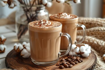 Two mugs of hot chocolate with whipped cream on a wooden table