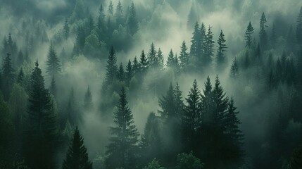 green foggy forest with tall trees, light coming through the tree tops, close up, grainy look