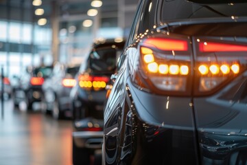 A Car Dealership with SUVs in the Background. Blurred Bokeh Effect, Business Concept.