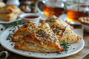 A plate of pastries with herbs on top