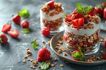A plate of cereal with strawberries and mint leaves