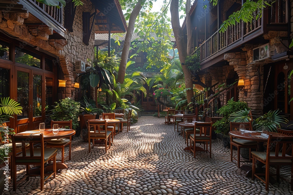 Poster a courtyard with tables and chairs, and a tree in the middle
