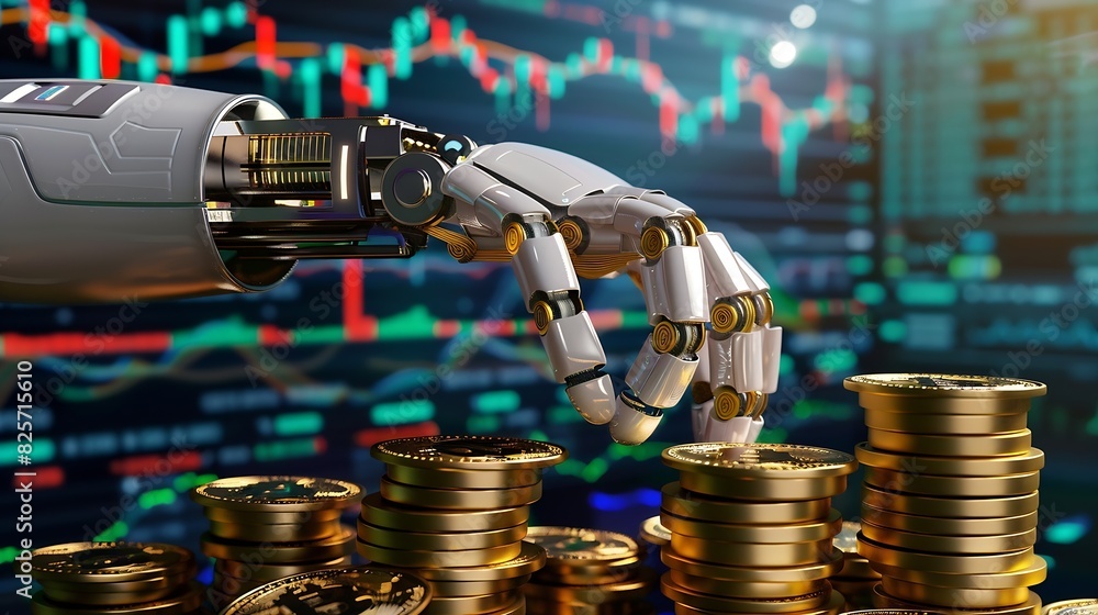 Poster Robot trading concept Robot hand represents use of artificial intelligence in trading stocks Gold coins are displayed as graphs on smartphone Digital transformation technology Ai make  : Generative AI