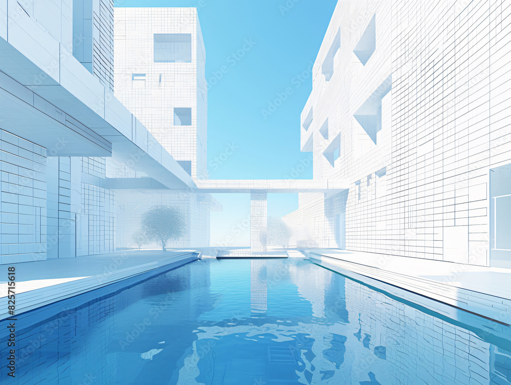 Poster minimalist white architecture with pool for modern design with copy space text for social media