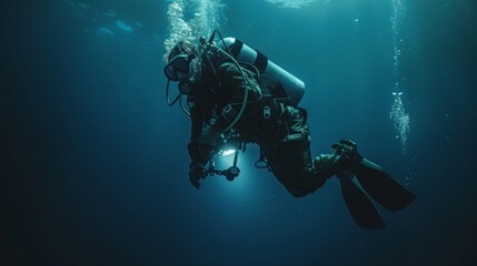 Engineer dives underwater to repair cables.