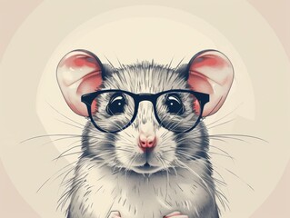 A cute grey mouse wearing black framed glasses, looking directly at the camera.