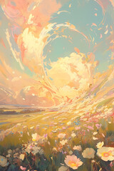 Create a Tranquil Pastel Meadow Scene with Abstract Elements