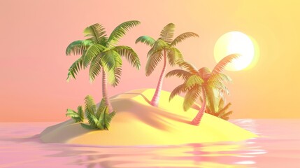 3D render of a simple tropical island with palm trees and sun
