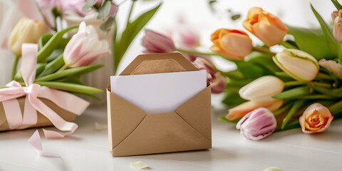 white table with a gift envelope on it, and a white sheet of paper half peeking out of it, spring flowers