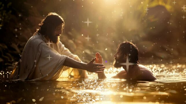 landscape of Jesus who is helping someone. Virtual 4K video animation background with looping time lapse with very smooth graphics.
