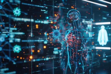 Closeup half body of immune system response with Glow HUD big Icon of vaccine, highlighting prevention and treatment strategies, classic styles