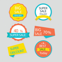 Set of vector red starburst, sunburst badges. Simple flat style vintage labels, stickers with sale discount text. Sale quality tags and labels. Template banner shopping badges
