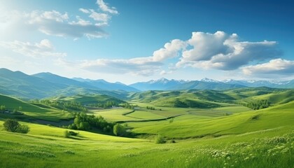 Fototapeta premium A stunning spring day landscaping views of fertile land surrounded beautiful green vegetation, wide stretches of hills and mountains with clear skies in spring