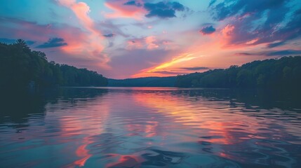 A serene sunset over a calm lake, with vibrant colors reflecting off the water and creating a tranquil atmosphere.
