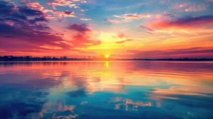 A serene sunset over a calm lake, with vibrant colors reflecting off the water and creating a tranquil atmosphere.