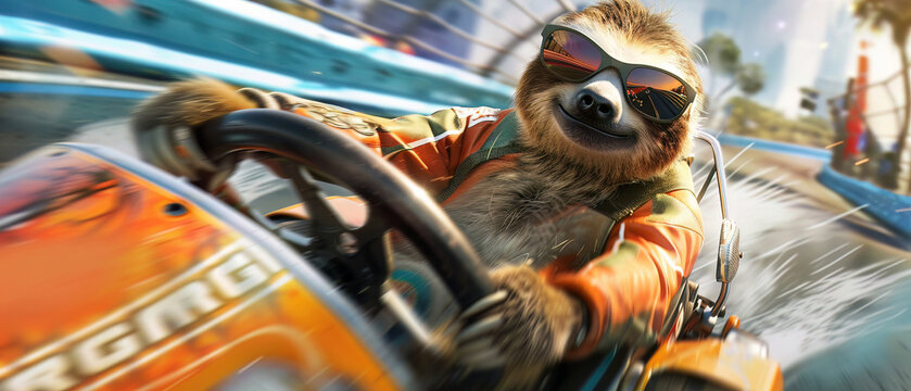 A sloth in racing gear, humorously navigating a highspeed gokart track, juxtaposing its natural slowness with the fastpaced environment