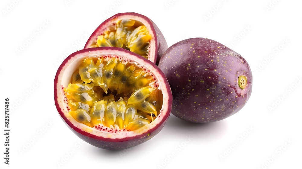 Poster isolated passionfruits one and a half passion fruits maracuya isolated on white background with clip