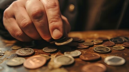 Man counts his coins on a table Personal finance finance management savings thrifty or avarice concept : Generative AI
