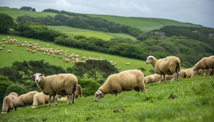 A flock of sheep grazing on a lush hillside, their woolly coats blending seamlessly with the verdant landscape.