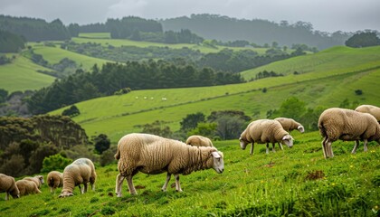 A flock of sheep grazing on a lush hillside, their woolly coats blending seamlessly with the verdant landscape.