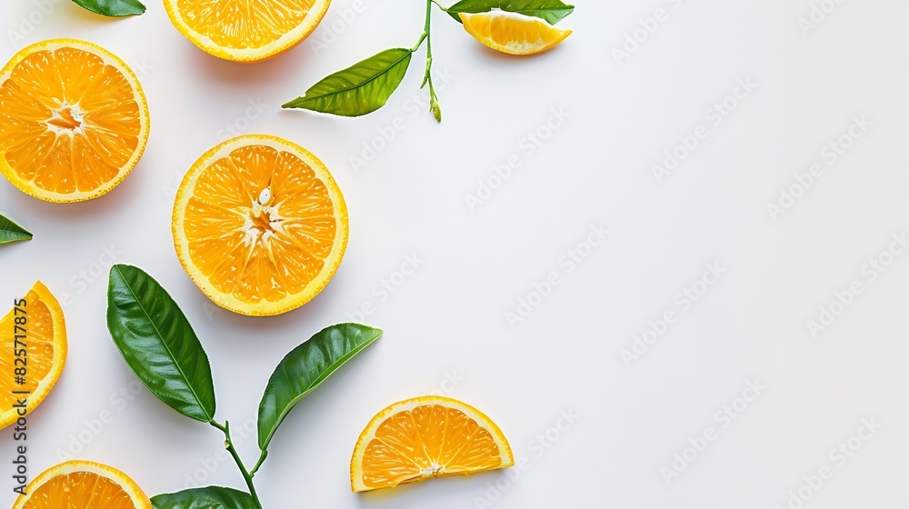Poster Orange slice isolate Orange fruit slices and a whole with leaves on white background Orang with full depth of field : Generative AI