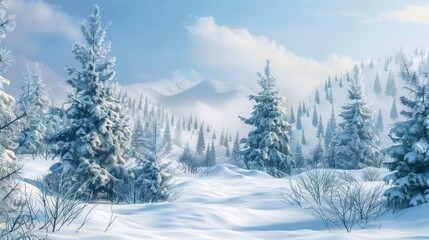 A snowy landscape with evergreen trees, evoking the serene beauty of the winter season.