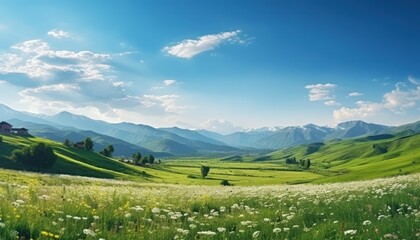 A stunning spring day landscaping views of fertile land surrounded beautiful green vegetation, wide stretches of hills and mountains with clear skies in spring