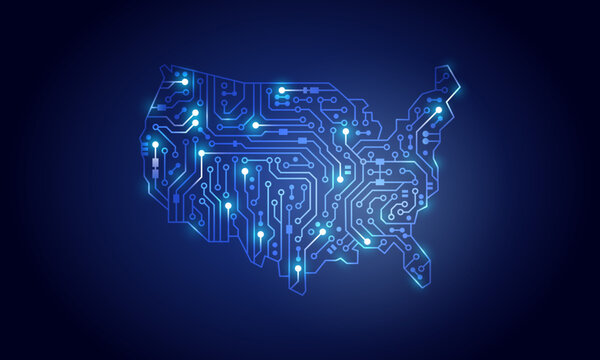 Circuit chip board technology USA map neon shape concept background. Vector illustration.