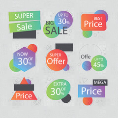 Set of vector red starburst, sunburst badges. Simple flat style vintage labels, stickers with sale discount text. Sale quality tags and labels. Template banner shopping badges