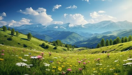 A stunning spring day landscaping views of fertile land surrounded beautiful green vegetation, wide stretches of hills and mountains with clear skies in spring