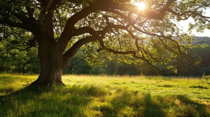 Obraz premium A sprawling tree with a thick trunk in a sunlit meadow, casting a large shadow on the grass.