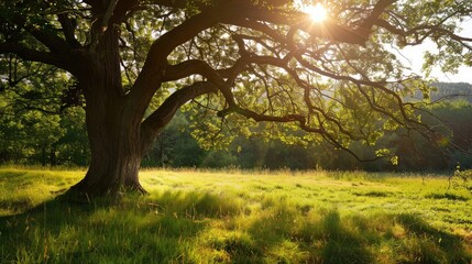 A sprawling tree with a thick trunk in a sunlit meadow, casting a large shadow on the grass.