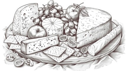A finely crafted line art representation of a gourmet cheese board, featuring an assortment of cheeses, crackers, fruits, and nuts, perfect for indulgent grazing.