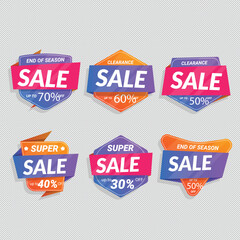 Set of vector red starburst, sunburst badges. Simple flat style vintage labels, stickers with sale discount text. Sale quality tags and labels. Template banner shopping badges