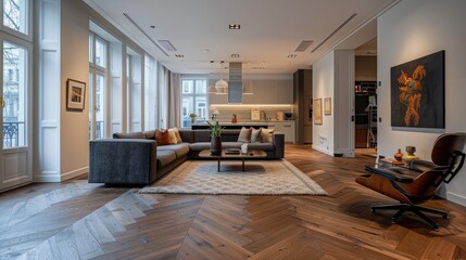 A stylish parquet wooden floor in a contemporary apartment, blending modern design with classic elegance.