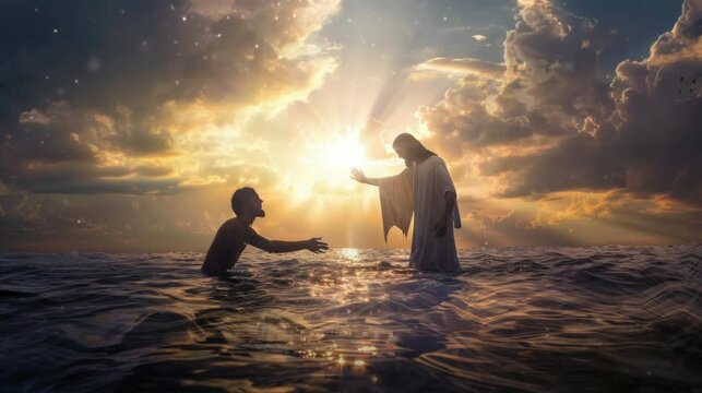 Jesus who wanted to hold someone's hand for help. Virtual 4K video animation background with looping time lapse with very smooth graphics.