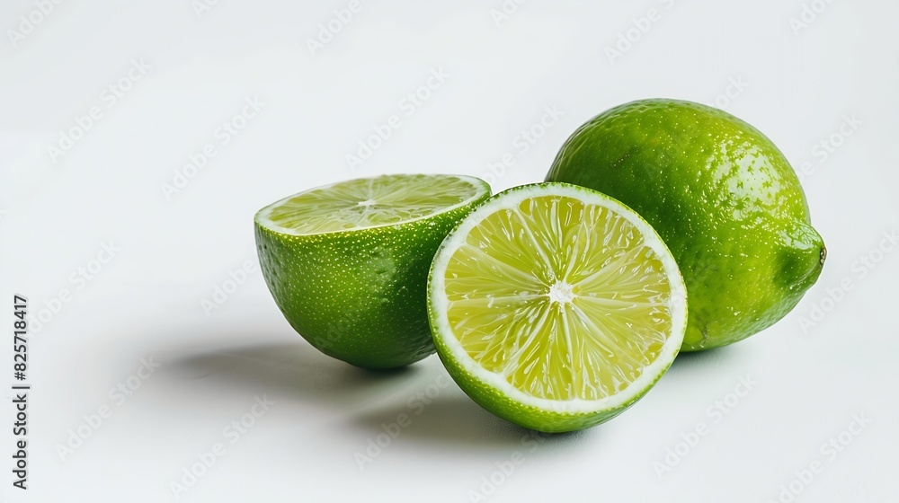 Poster Green lime with cut in half and slices isolated on white background : Generative AI