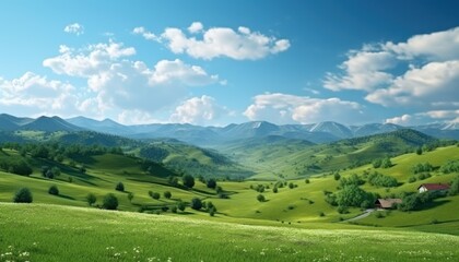 A stunning spring day landscaping views of fertile land surrounded beautiful green vegetation, wide stretches of hills and mountains with clear skies in spring
