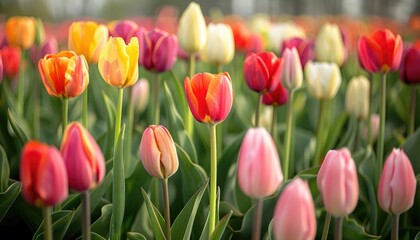 A field of vibrant tulips stretching towards the horizon, their colorful blooms a riot of springtime splendor. The promise of renewal and growth encapsulated in every petal.