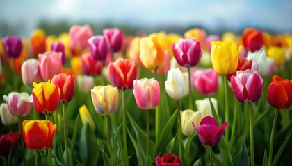 Fototapeta premium A field of vibrant tulips stretching towards the horizon, their colorful blooms a riot of springtime splendor. The promise of renewal and growth encapsulated in every petal.