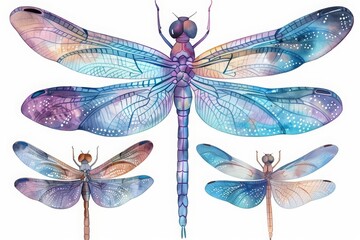 Set of water color of a dragonfly, with wings that shimmer in the moonlight, in a mystical forest, Clipart isolated on white