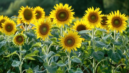 Fototapeta premium A field of sunflowers swaying in the breeze, their cheerful faces turned towards the sun. The vibrant energy of summer captured in this idyllic farming scene.
