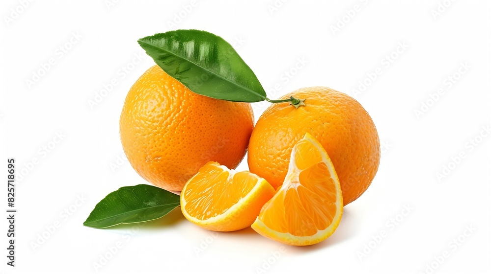Poster Isolated oranges Whole single orange fruit with leaf and piece isolated on white background with clipping path : Generative AI