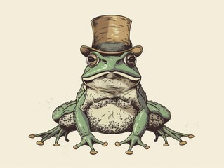 Obraz premium Dapper frog in top hat and bow tie sits with confident expression.