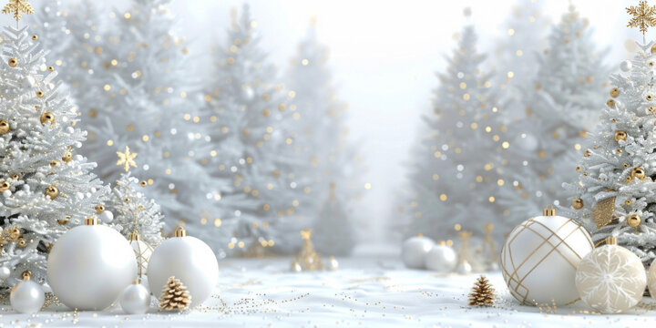 A white Christmas background features white trees and golden decorations, with space for holiday messages.