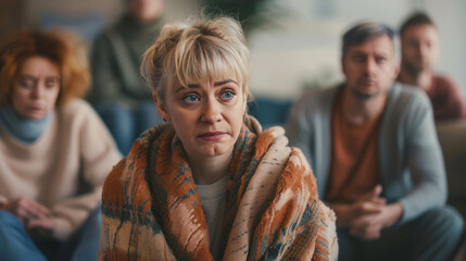 A blonde woman is sitting in the center of a group therapy session, looking at the camera and crying. - Powered by Adobe