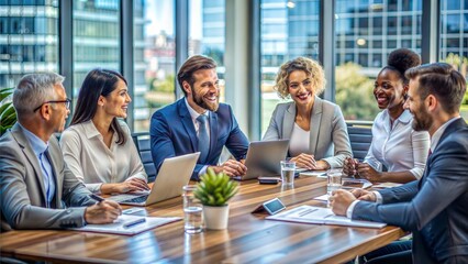 Fototapeta premium Professional Team Discussion: Group portrait of diverse corporate team members engaged in a discussion around a conference table. 