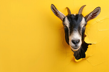 A goat is looking out of a hole in a yellow background